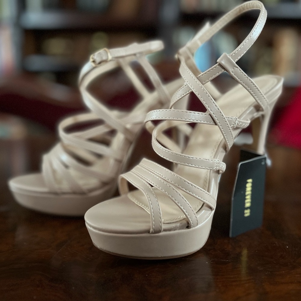 Beige Strappy Platform Heels - Women